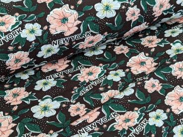 Preview: French Terry Everything is possible Blumen auf Dunkelbraun